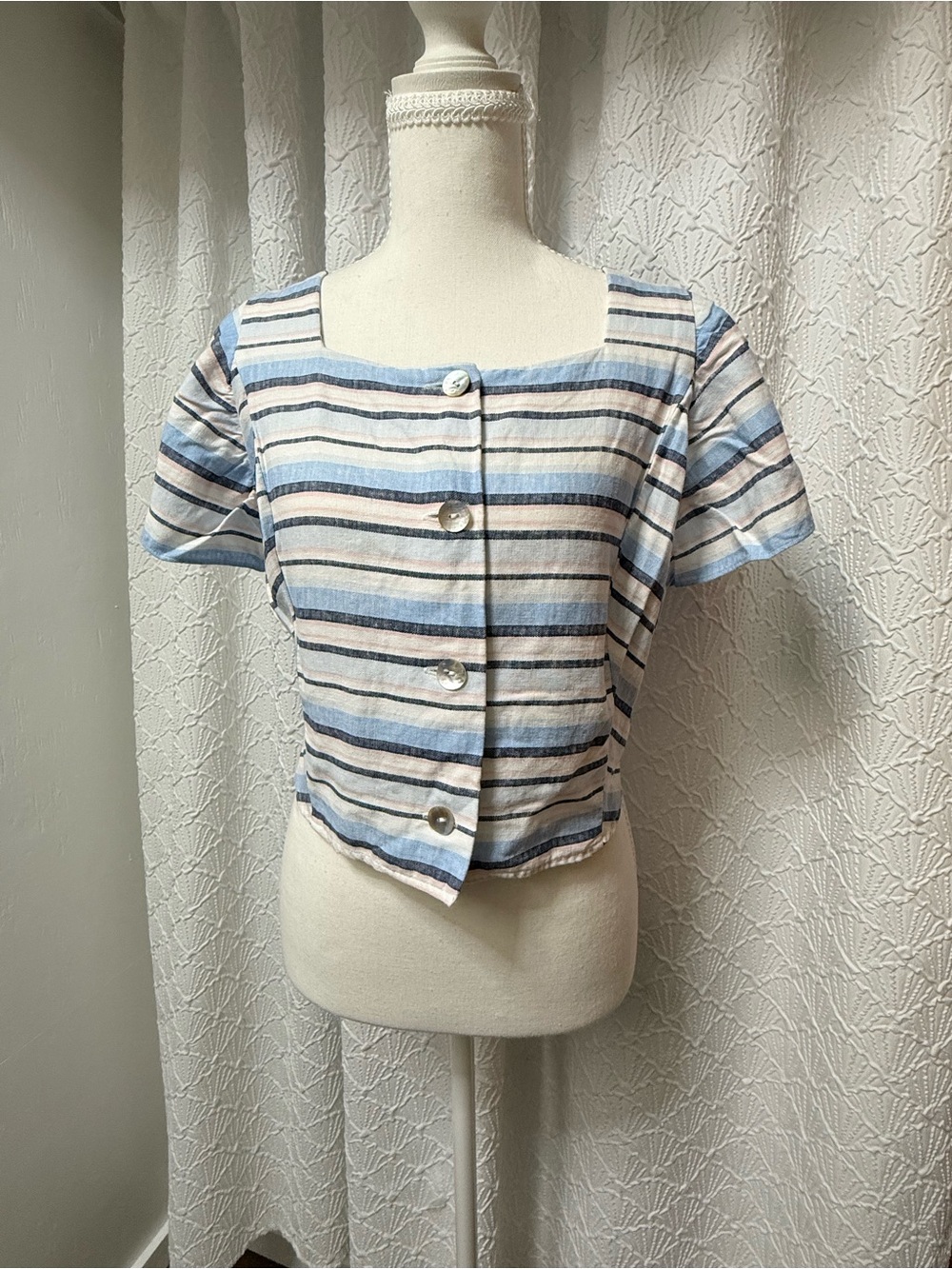 Coco Bianco Blue and Cream Striped Square-Neck Crop Blouse